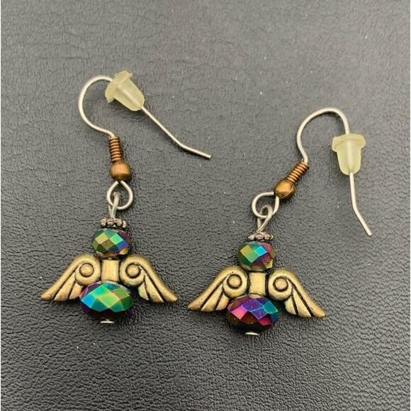 Unbranded Jewelry - Gold / Brass Tone Oil Slick Iridescent Color Angel Wing Dangle Earrings